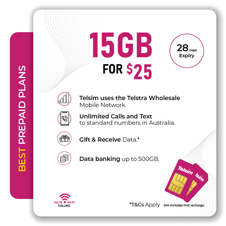 Telsim 15GB Prepaid Plan Unlimited Calls Texts Volte Wi Fi Calling