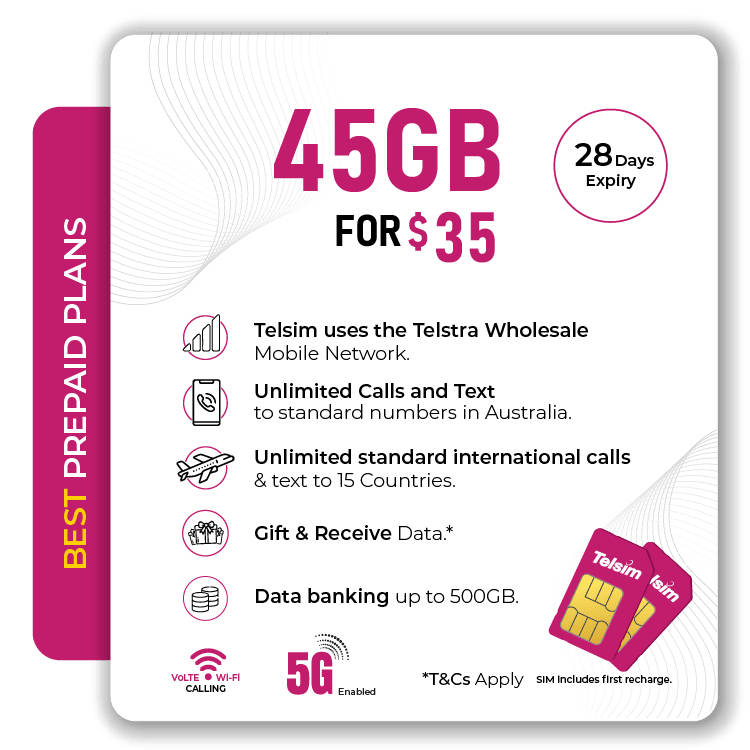 Telsim 45GB Prepaid Plan 45GB Unlimited Calls Texts 5G Enabled Data Bank