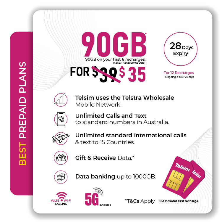 Prepaid Plan 1 - Telsim Best prepaid 5G SIM plan with 90GB data 45GB + 45GB bonus at $35 For 12 recharge valid for 28 days