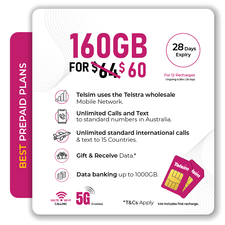 Telsim 160GB Prepaid Plan 160GB On First Recharge Unlimited Calls Texts 5G Enabled Data Bank