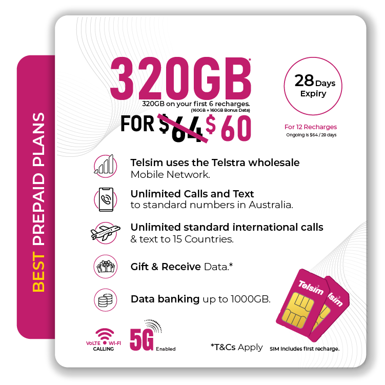 Prepaid Plan 1 - Telsim Best prepaid 5G SIM plan with 320GB data 160GB + 160GB bonus at $60 For 12 recharge valid for 28 days