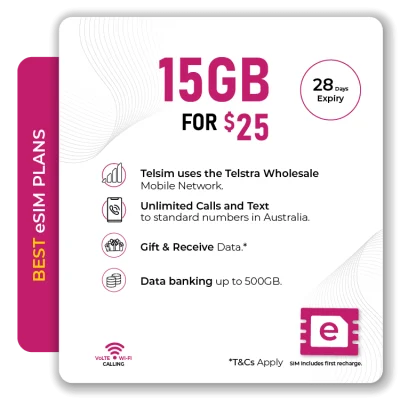 Telsim eSIM 15GB Prepaid Plan Unlimited Calls Texts Volte Wi Fi Calling