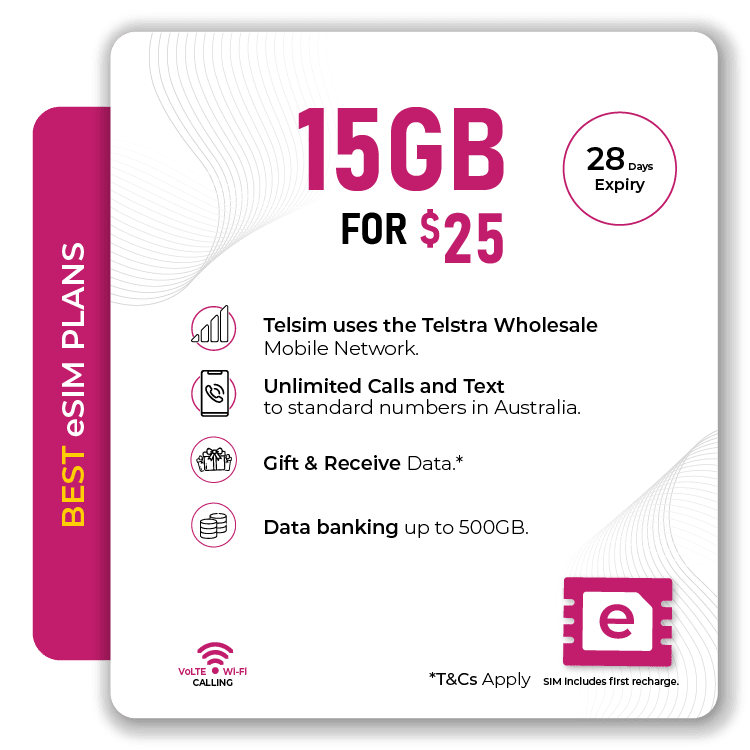 Telsim eSIM 15GB Prepaid Plan Unlimited Calls Texts Volte Wi Fi Calling