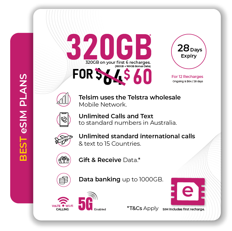 160GB Prepaid Plan 1 - Telsim Best prepaid 5G eSIM plan with 320GB data 160GB + 160GB bonus at $60 For 12 recharge valid for 28 days