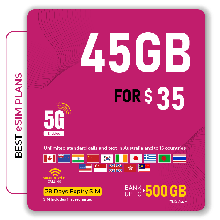Telsim 45GB eSIM Prepaid Plan: $35, Unlimited Calls & Texts, Volte, Wi-Fi, 28 Days Expiry.