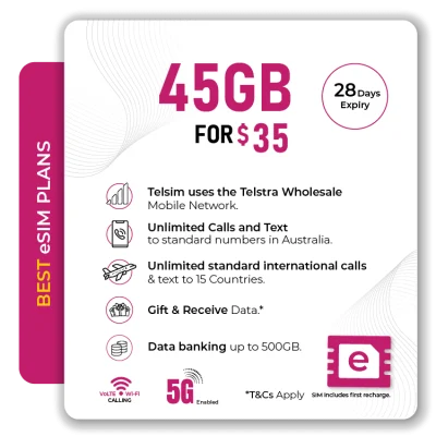 Telsim eSIM 45GB Prepaid Plan Unlimited Calls Texts Volte Wi Fi Calling
