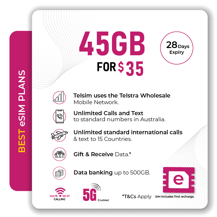 Telsim eSIM 45GB Prepaid Plan Unlimited Calls Texts Volte Wi Fi Calling