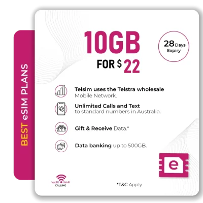 Telsim eSIM 10GB Prepaid Plan Unlimited Calls Texts Volte Wi Fi Calling Data Bank Up To 500GB
