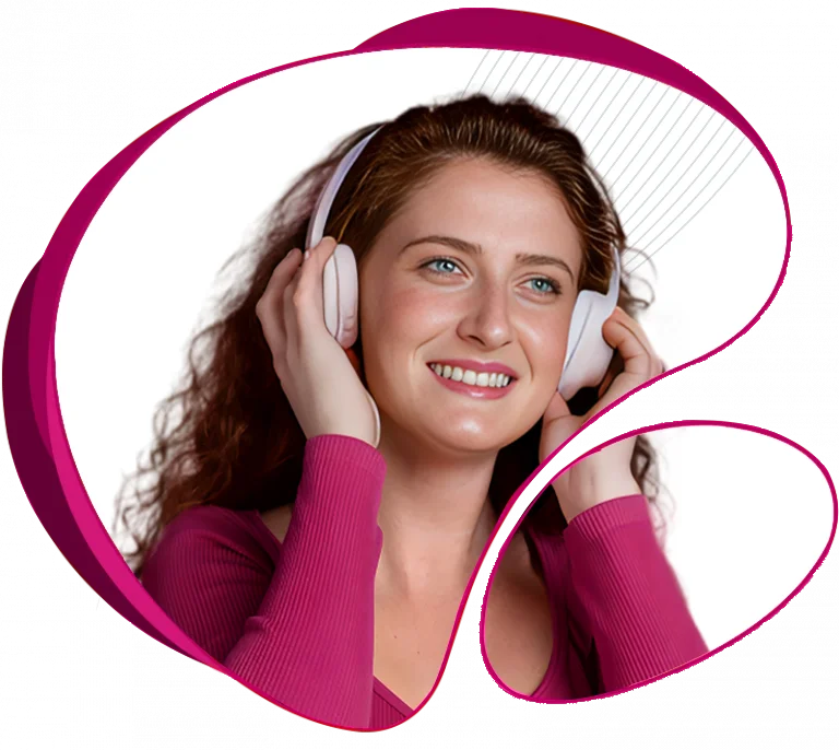 A girl with a smiling face using a headphone and enjoying high speed NBN home internet