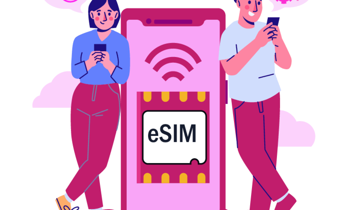 Two people standing thoughtfully with eSIM icons, symbolizing the benefits of using eSIM over a physical SIM