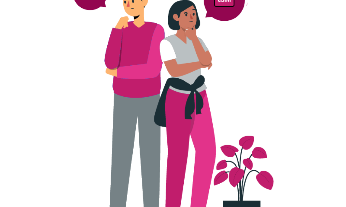 Two people using smartphones beside a large eSIM graphic, representing the concept of how does an eSIM work.