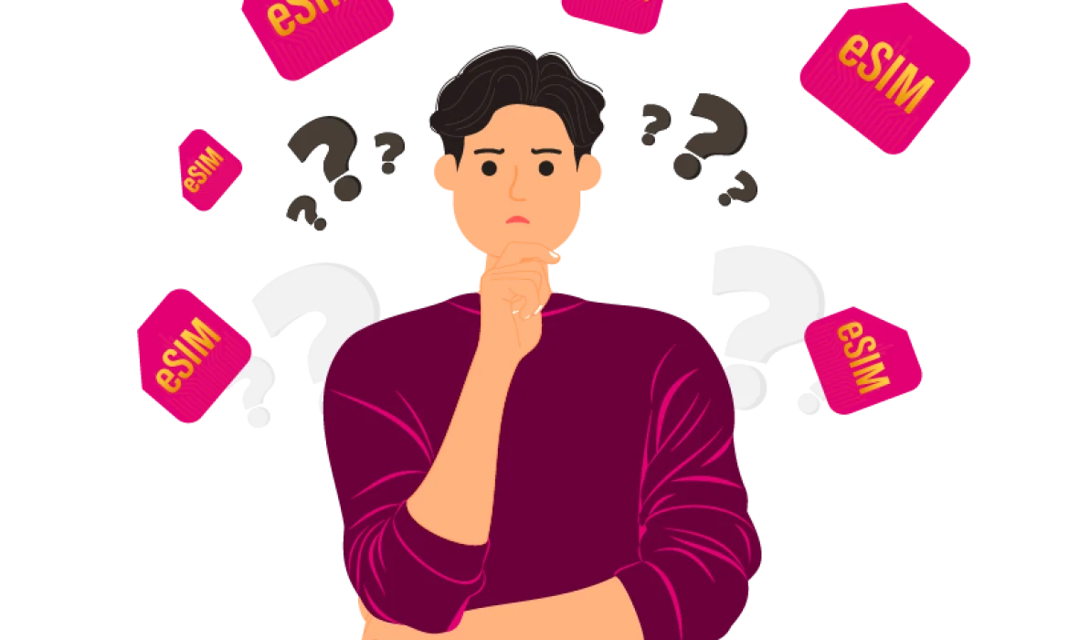 A confused person surrounded by eSIM cards and question marks, symbolizing uncertainty about how many eSIMs a phone can support.