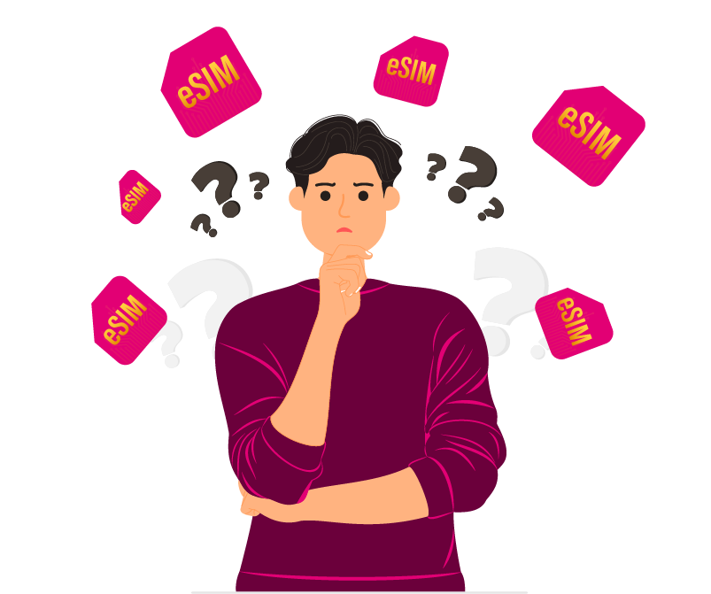 How many eSIM can I have on my phone - Telsim A confused person surrounded by eSIM cards and question marks symbolizing uncertainty about how many eSIMs a phone can support