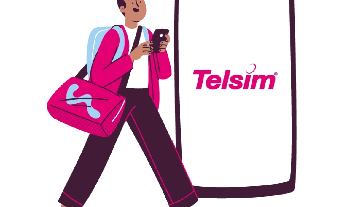 A man walking with a travel bag and using his phone beside a giant smartphone displaying the Telsim logo, representing mobile number portability to a Telsim SIM Only plan.