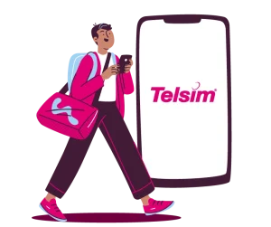 A man walking with a travel bag and using his phone beside a giant smartphone displaying the Telsim logo representing mobile number portability to a Telsim SIM Only plan