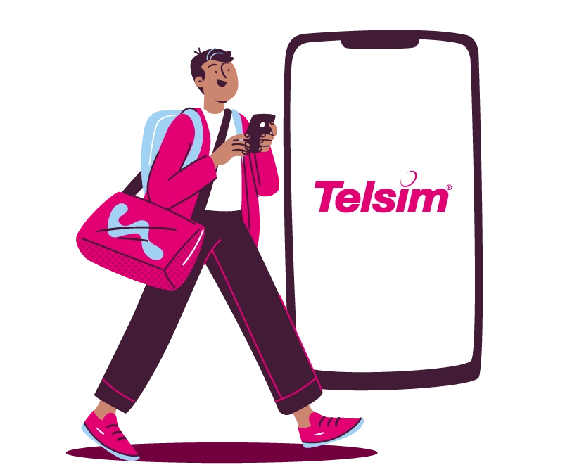 A man walking with a travel bag and using his phone beside a giant smartphone displaying the Telsim logo representing mobile number portability to a Telsim SIM Only plan