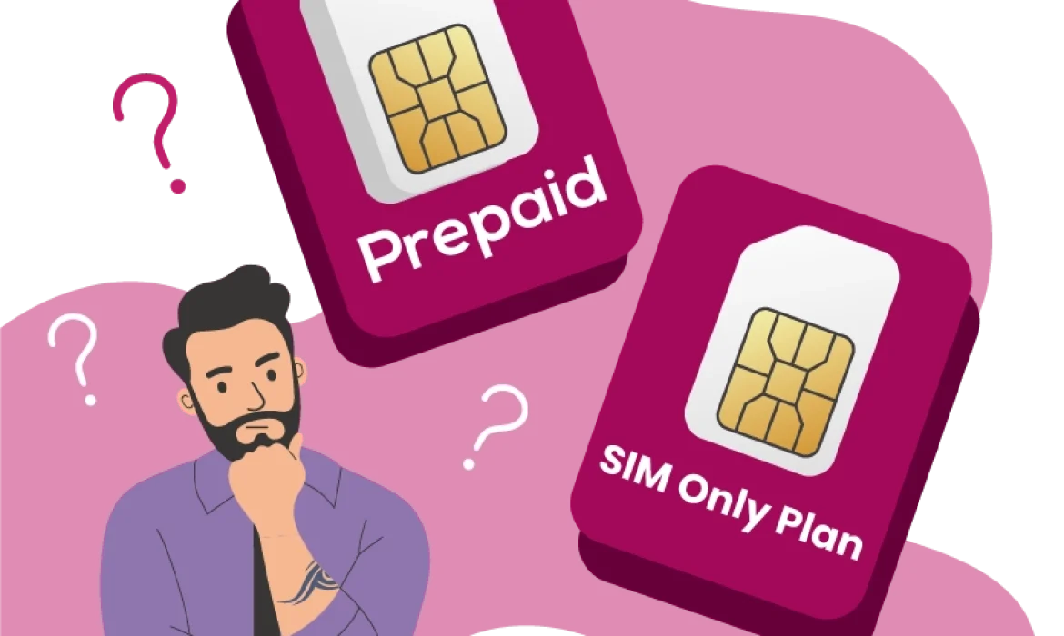 A confused man trying to choose between a prepaid and a SIM-only plan, representing the mobile plan decision-making process.
