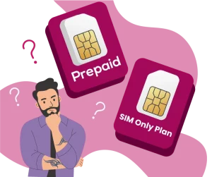 A confused man trying to choose between a prepaid and a SIM only plan representing the mobile plan decision making process