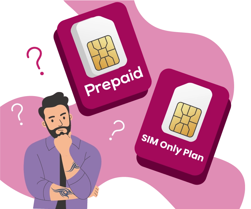 A confused man trying to choose between a prepaid and a SIM only plan representing the mobile plan decision making process