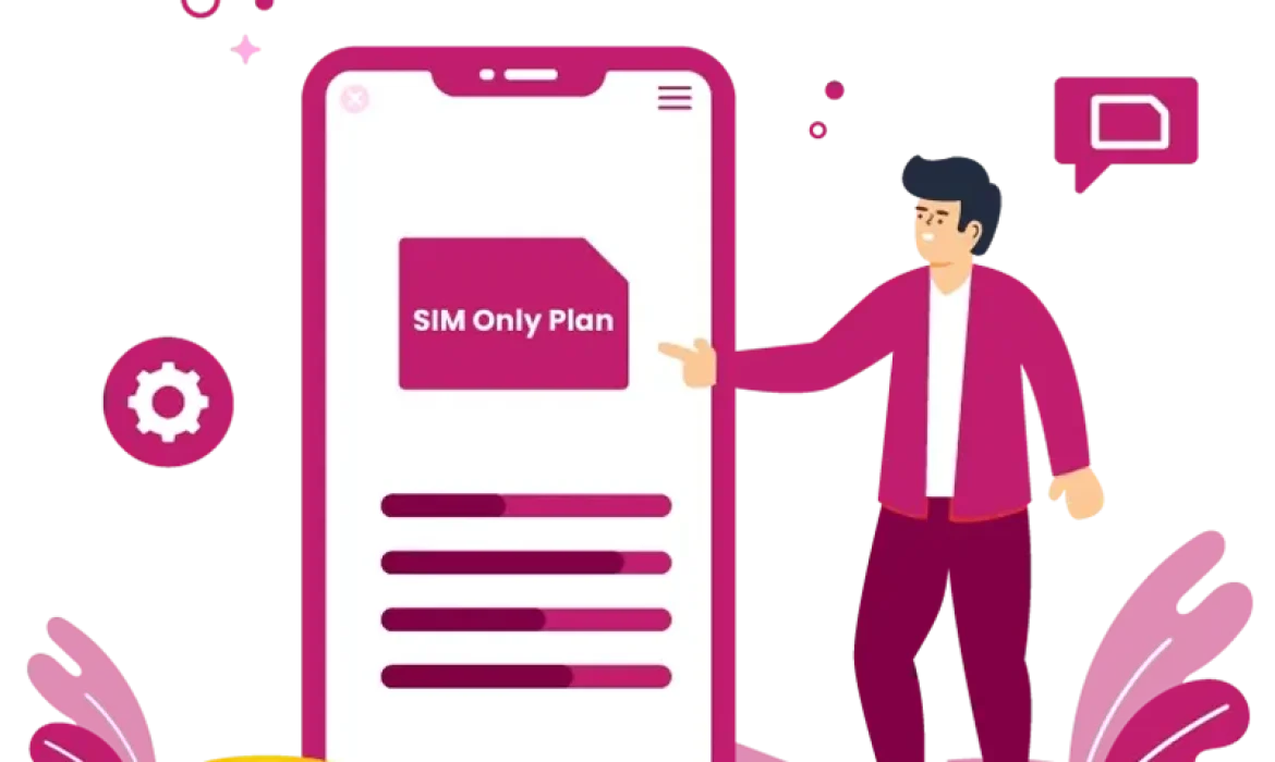 A person highlighting a SIM Only Mobile Plan on a large smartphone screen with icons representing settings, communication, and payments.