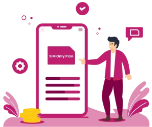 A person highlighting a SIM Only Mobile Plan on a large smartphone screen with icons representing settings communication and payments