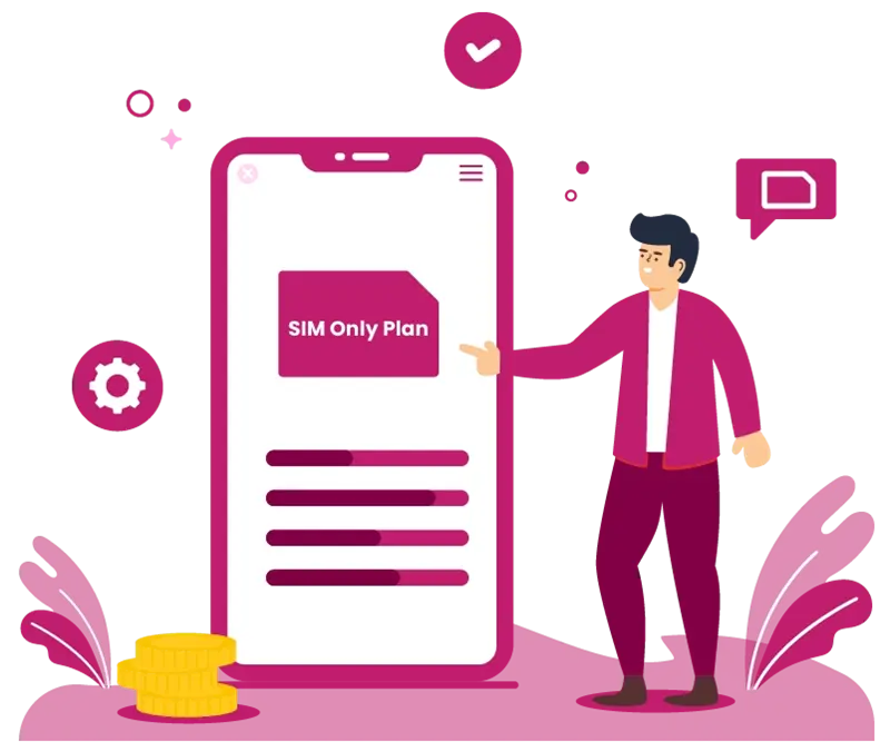 A person highlighting a SIM Only Mobile Plan on a large smartphone screen with icons representing settings communication and payments