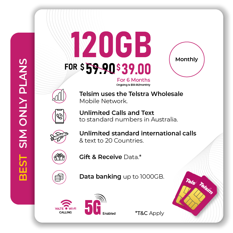 120GB Telsim 5G Advance SIM Only Mobile Plan for $3900 includes VoLTE unlimited calls 20 international countries and a 1000GB Data Bank