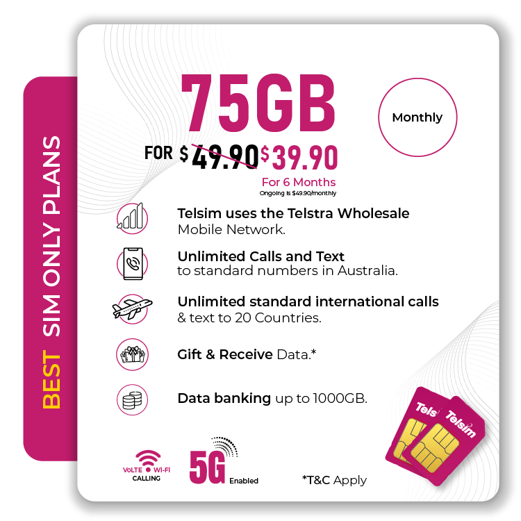 Telsim 75GB 5G for $3990 monthly Basic SIM Only Mobile Plan with international calls and text to 20 countries and 1000 GB data bank