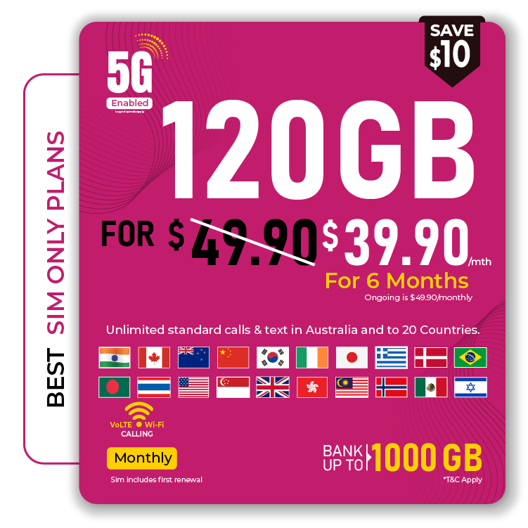 120GB monthly SIM only plan with 5G, international calling, Wi-Fi Calling and data banking up to 1000GB.