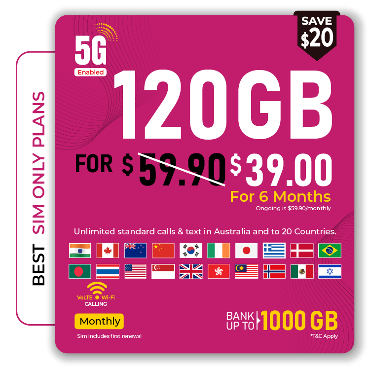 Telsim 120GB Advance SIM Only Monthly Plan for $39.00 , Unlimited Calls & Texts to 20 Countries included, 5G Ready, Data Bank Up To 1000 GB, VoLTE & Wi-Fi Calling