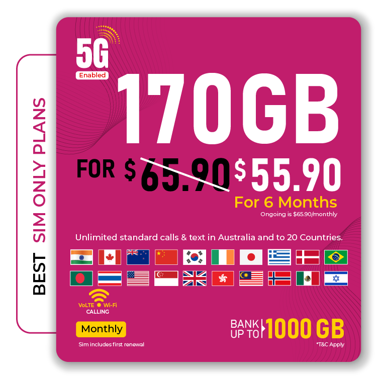 Telsim 170GB Premium SIM-Only Mobile Plan for $55.90 includes 170GB data, VoLTE, and Wi-Fi Calling