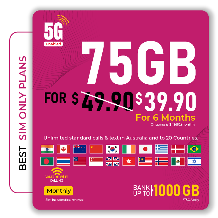 Telsim 75GB Basic SIM-Only 5G Mobile Plan $39.90 monthly, unlimited calls and texts to 20 countries included, Data Bank up to 1000GB, VoLTE, and Wi-Fi calling