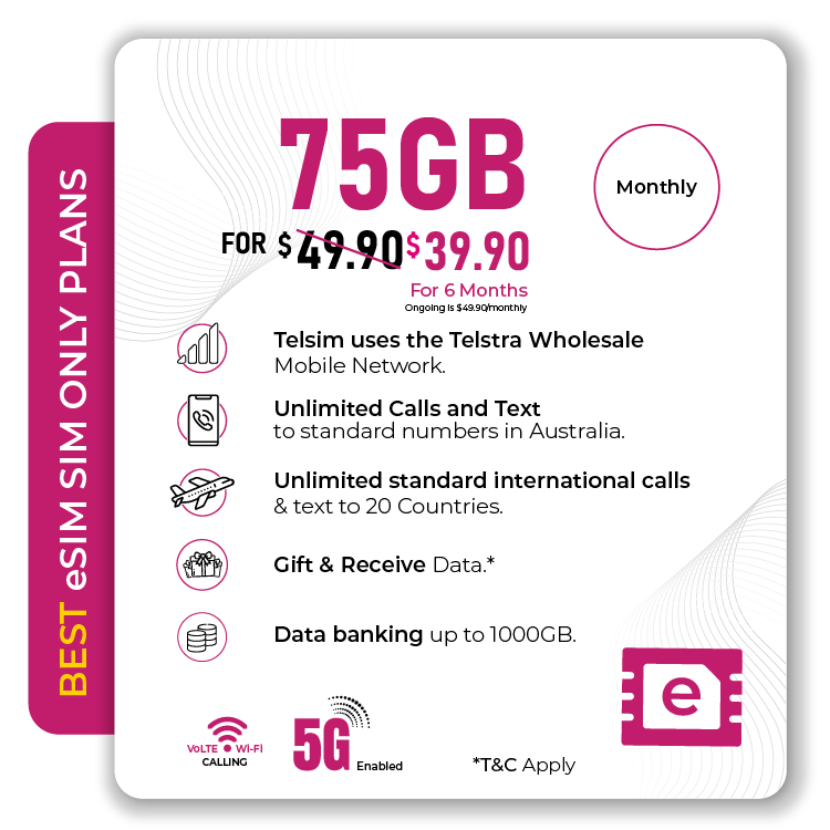 Telsim 75GB 5G Basic eSIM SIM Only Plan with 1000GB Data Bank for $3990