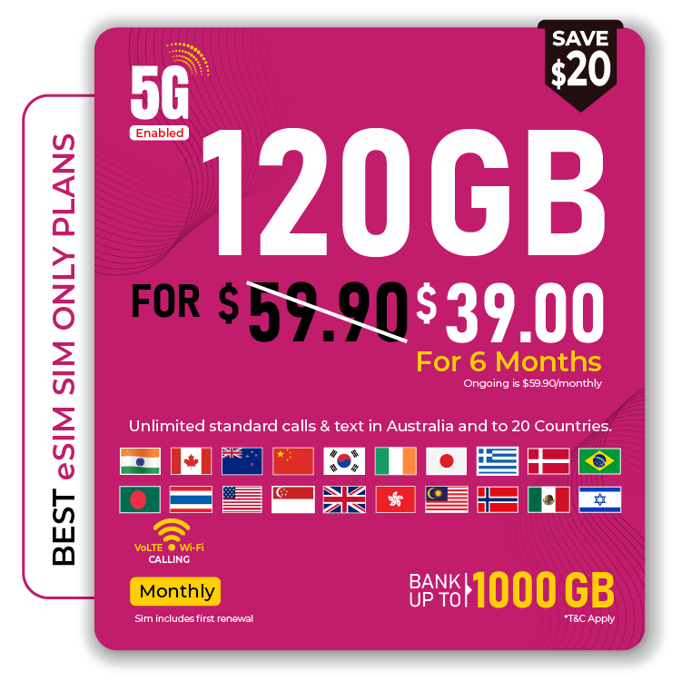 Telsim 120GB 5G Advance eSIM SIM-Only Plan with VoLTE and Wi-Fi Calling for $39.00.