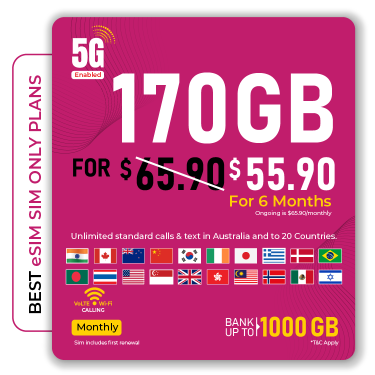 Telsim 170GB Premium eSIM SIM-Only Plan with unlimited calls and texts to 20 countries for $55.90.