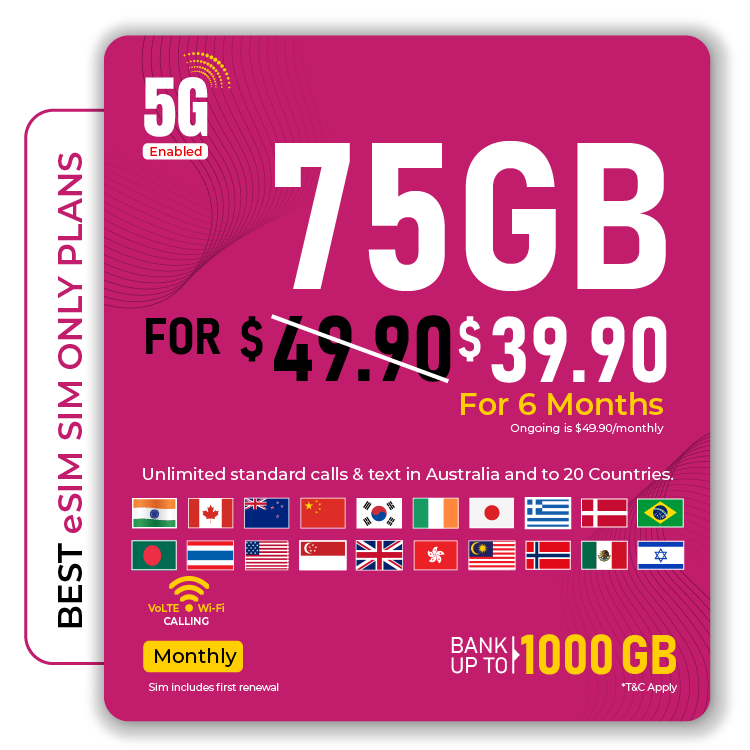 Telsim 75GB Basic 5G eSIM SIM-Only Plan unlimited calls and texts to 20 countries for $39.90.