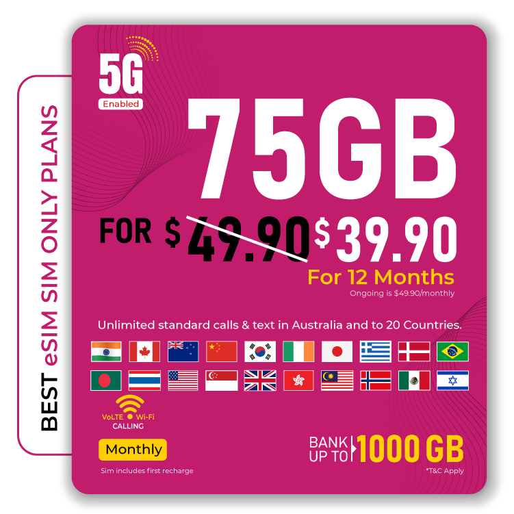Telsim 75GB Basic 5G eSIM SIM-Only Plan unlimited calls and texts to 20 countries for $39.90.