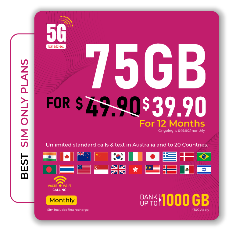 Telsim 75GB Basic SIM-Only 5G Mobile Plan $39.90 monthly, unlimited calls and texts to 20 countries included, Data Bank up to 1000GB, VoLTE, and Wi-Fi calling