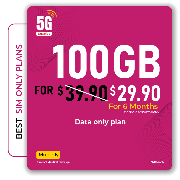 100GB monthly data only SIM plan with 5G capability for mobile data usage.