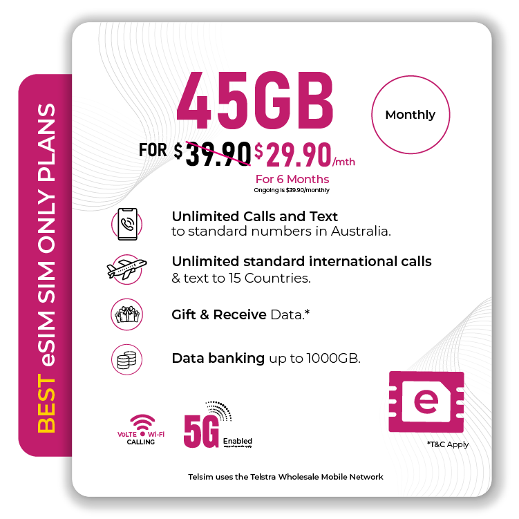Telsim 45GB 5G eSIM SIM Only Plan - Telsim Telsim 45GB eSIM SIM Only Plan with high speed 5G access and generous data inclusions