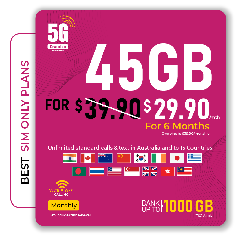 Telsim 45GB SIM Only 5G Plan Australia - Telsim Telsim 45GB 5G mobile plan with unlimited calls texts and up to 1000GB data banking