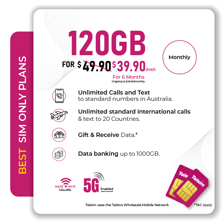120GB Monthly SIM Only Plan | Telsim Australia - Telsim Telsim 120GB mobile plan featuring 5G connectivity monthly renewal international calls and data banking