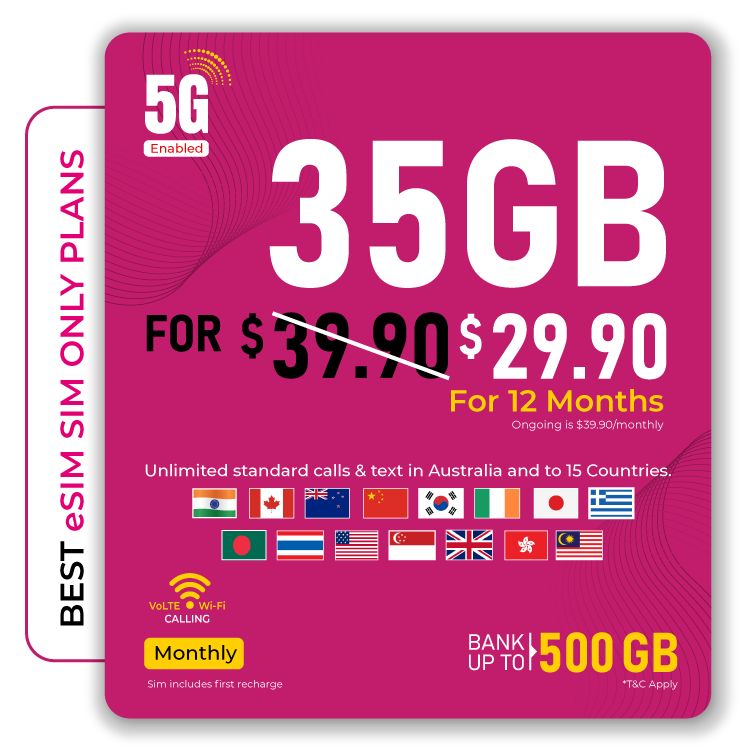 Telsim 35GB Starter 5G eSIM SIM-Only Plan unlimited calls and texts in Australia for $29.90.