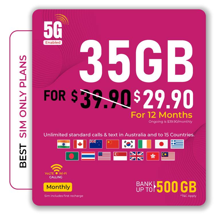 Telsim 35GB Starter SIM-Only Plan for $29.90: 5G-enabled, unlimited calls and texts in Australia and to 15 countries, monthly plan with Data Bank up to 500GB, VoLTE and Wi-Fi Calling.