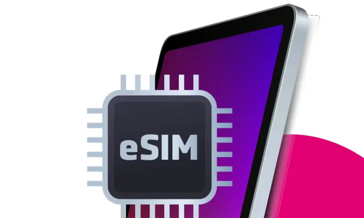 iPad eSIM illustration showing digital eSIM chip for mobile data.
