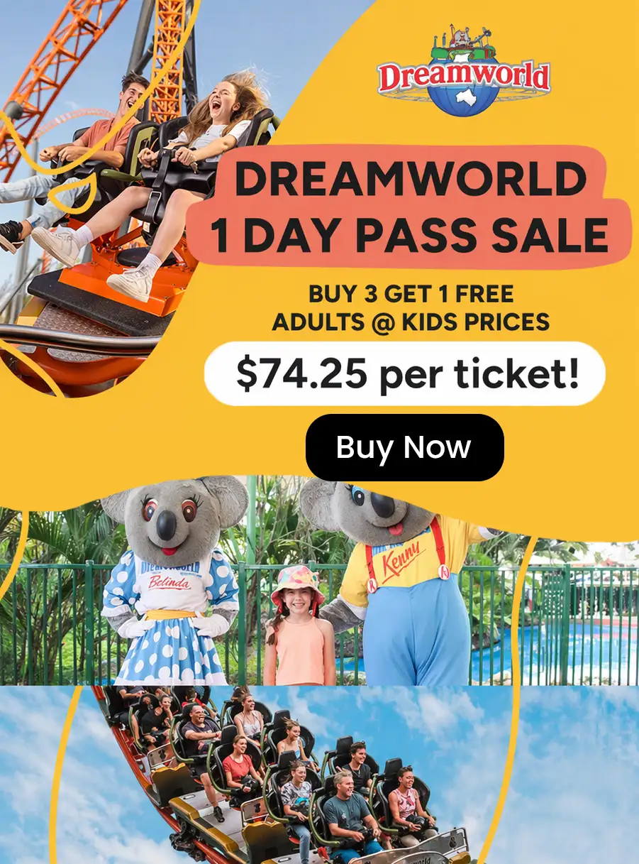 Dreamworld 1 Day Pass Sale on mobile buy 3 get 1 free tickets with roller coaster and family ride visuals for mobile device viewport