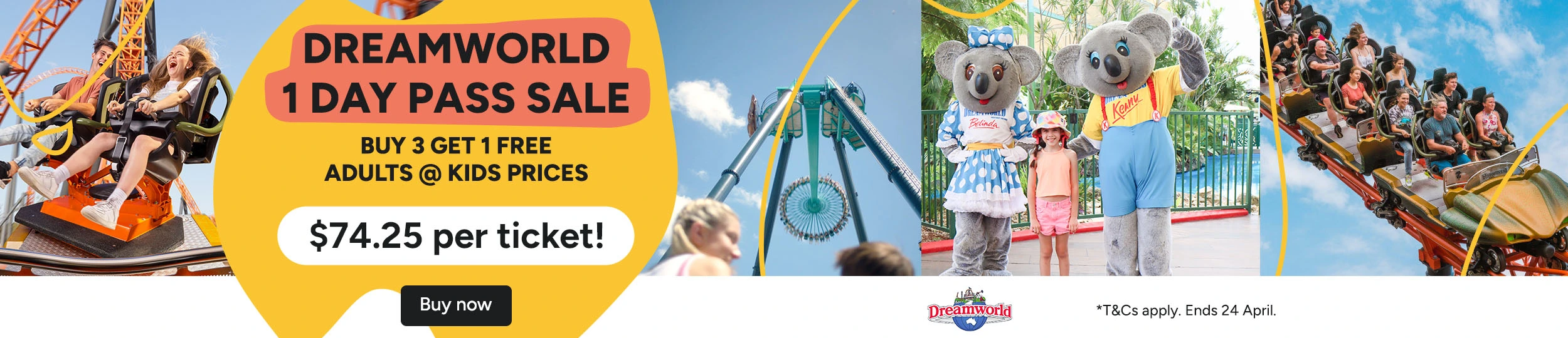 Dreamworld 1 day pass sale with buy 3 get 1 free offer adults at kids prices theme park rides and family enjoying attractions