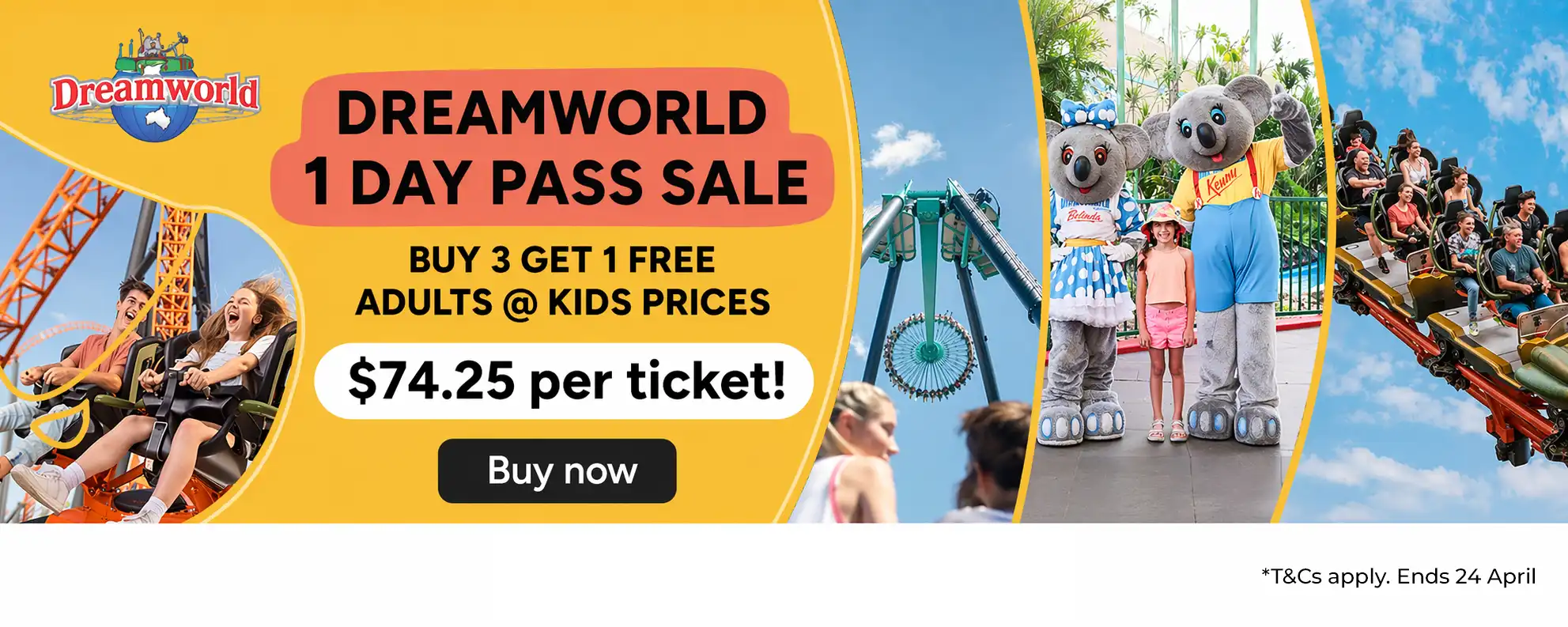 Dreamworld 1 Day Pass Sale on mobile buy 3 get 1 free tickets with roller coaster and family ride visuals