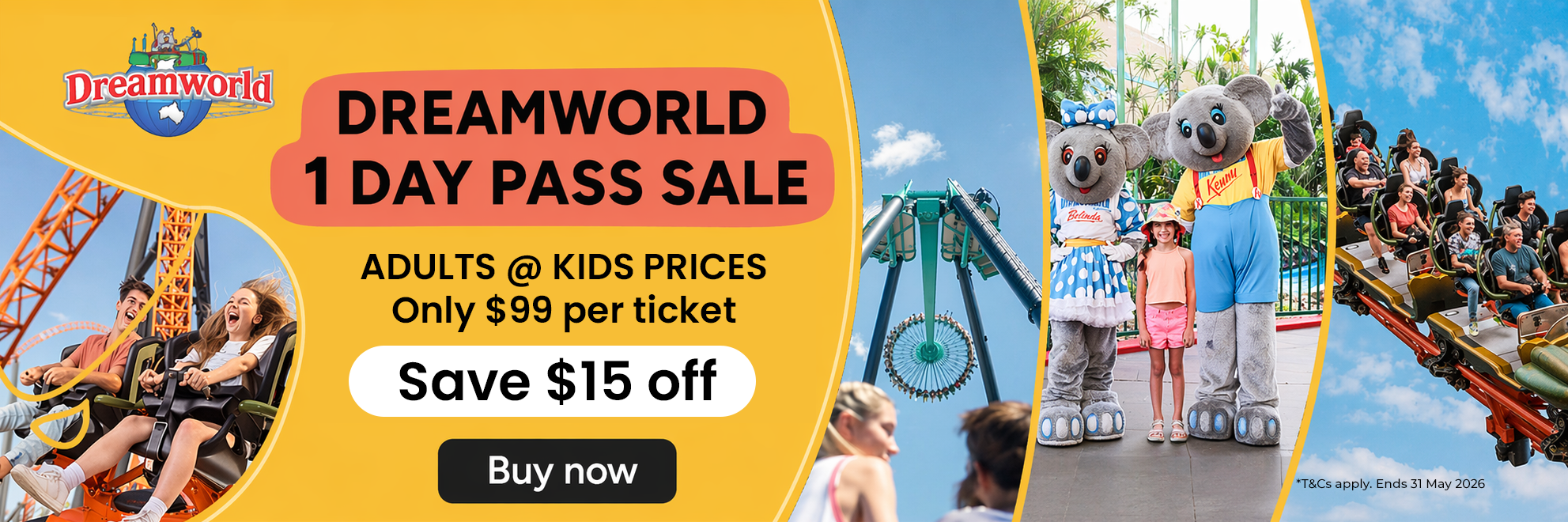 Dreamworld 1 Day Pass Sale on mobile buy 3 get 1 free tickets with roller coaster and family ride visuals