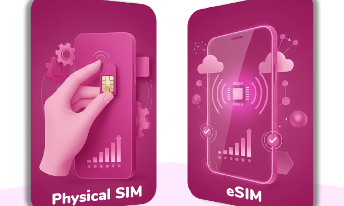 Illustration comparing a hand inserting a physical SIM card into a phone versus a digital eSIM chip icon